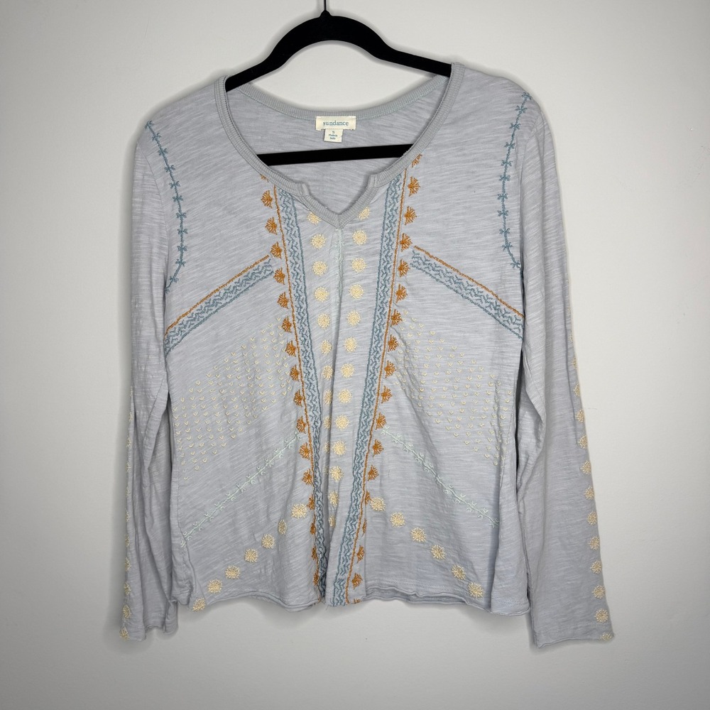 Sundance Womens Blue Cotton Embroidered Long Sleeve Slub Knit Boho Top Small